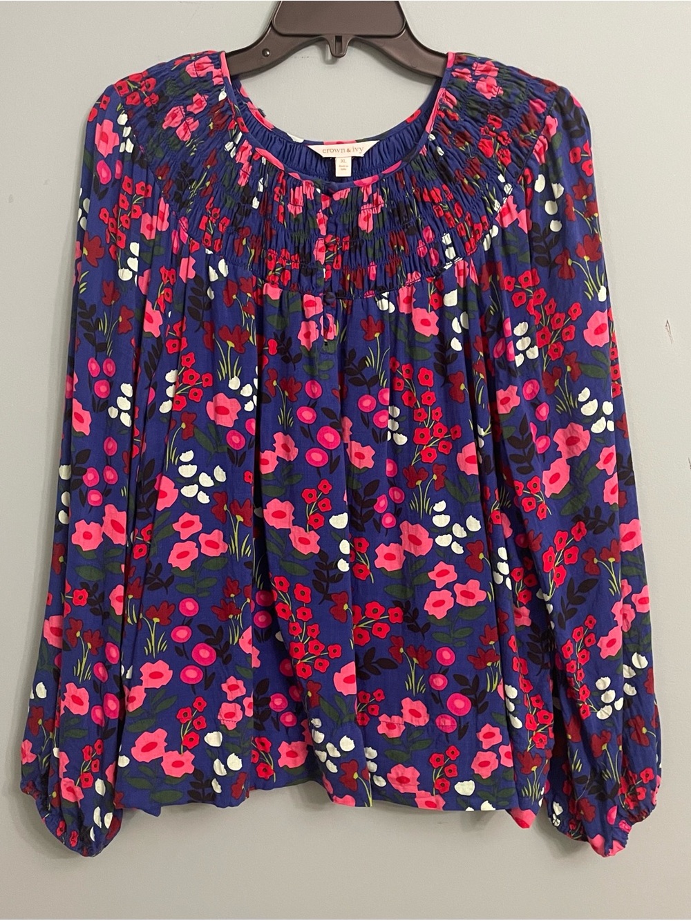crown & ivy Navy Floral Smocked Peasant Blouse with Pink Accents